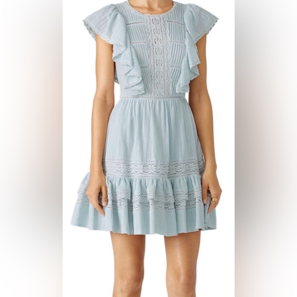 Rebecca Taylor Cotton Mini Dress Ruffles Pleated Crochet Lace Seafoam Blue Sz. 4